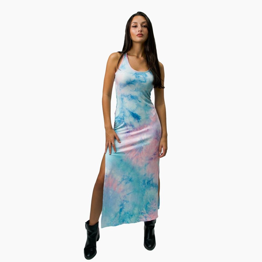 Cotton Candy Women’s Summer Casual Long Slit Dress Supersoft Stretch Tie Dye